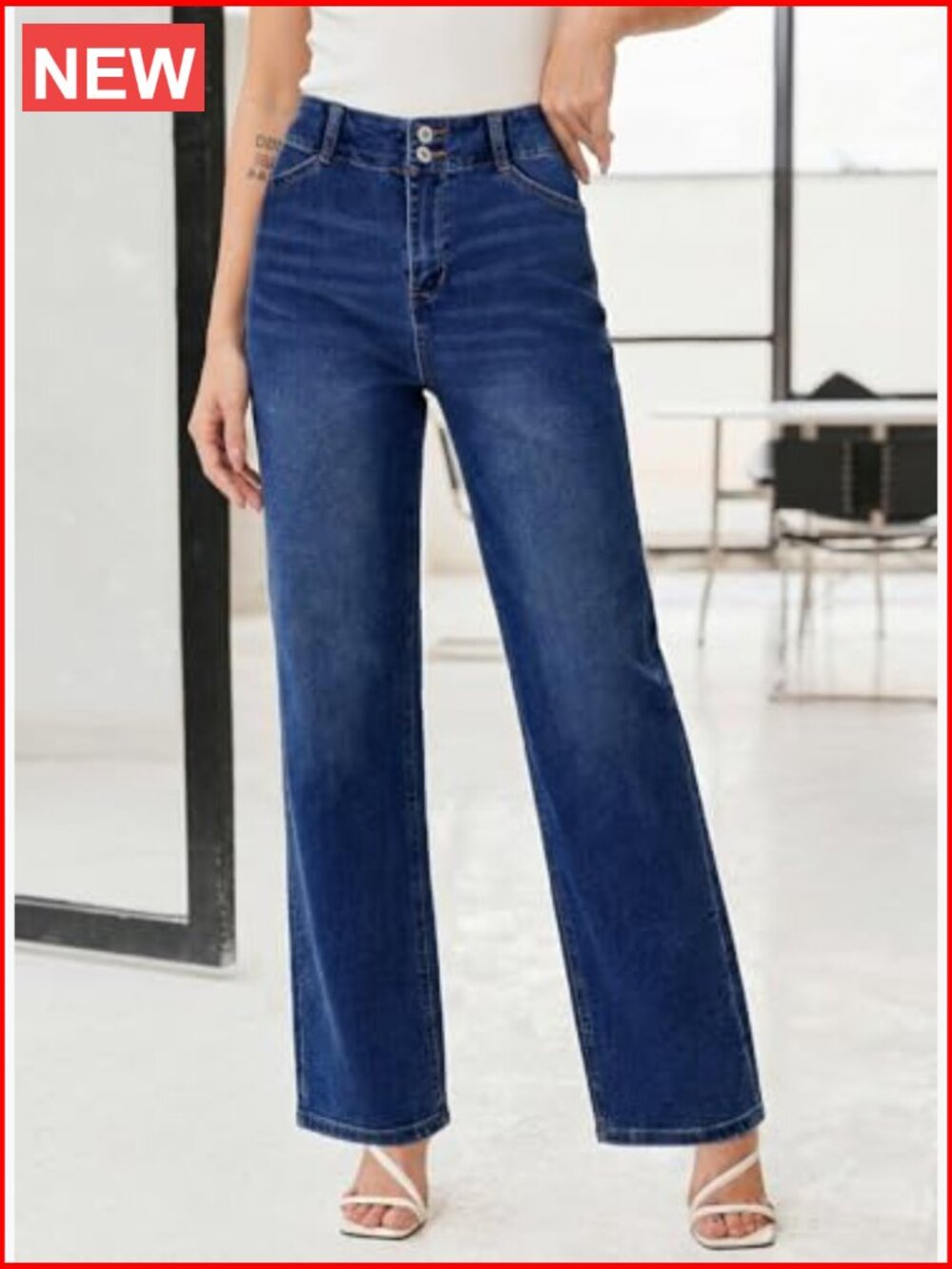 High Waisted Wide Leg Jeans Tummy Control Straight Leg Stretchy Denim Pants - Picture 5 of 7